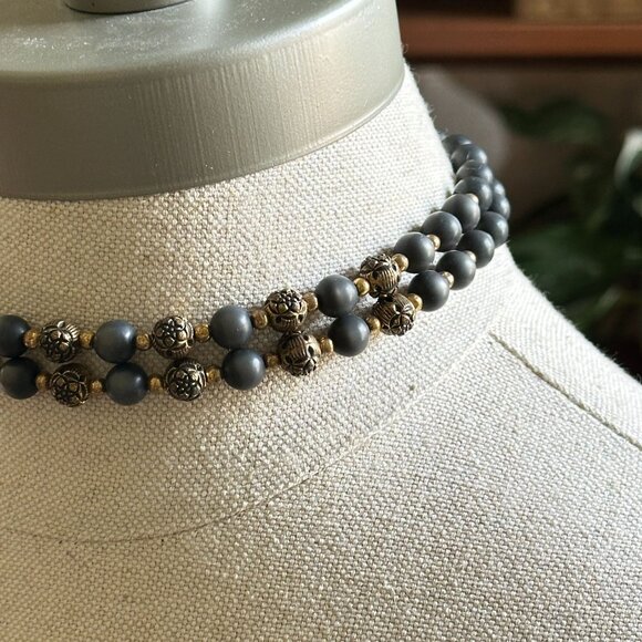 Vintage Boho Choker, Double Strand Black Beads, Brass Filigree, 1960s Tribal - Picture 8 of 8